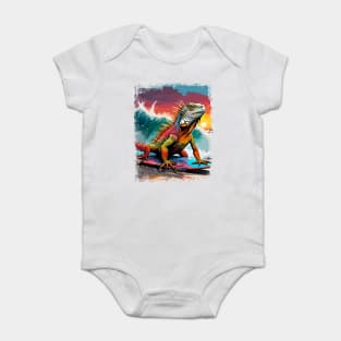 Iguana Surfing Cute Colorful Comic Illustration Baby Bodysuit